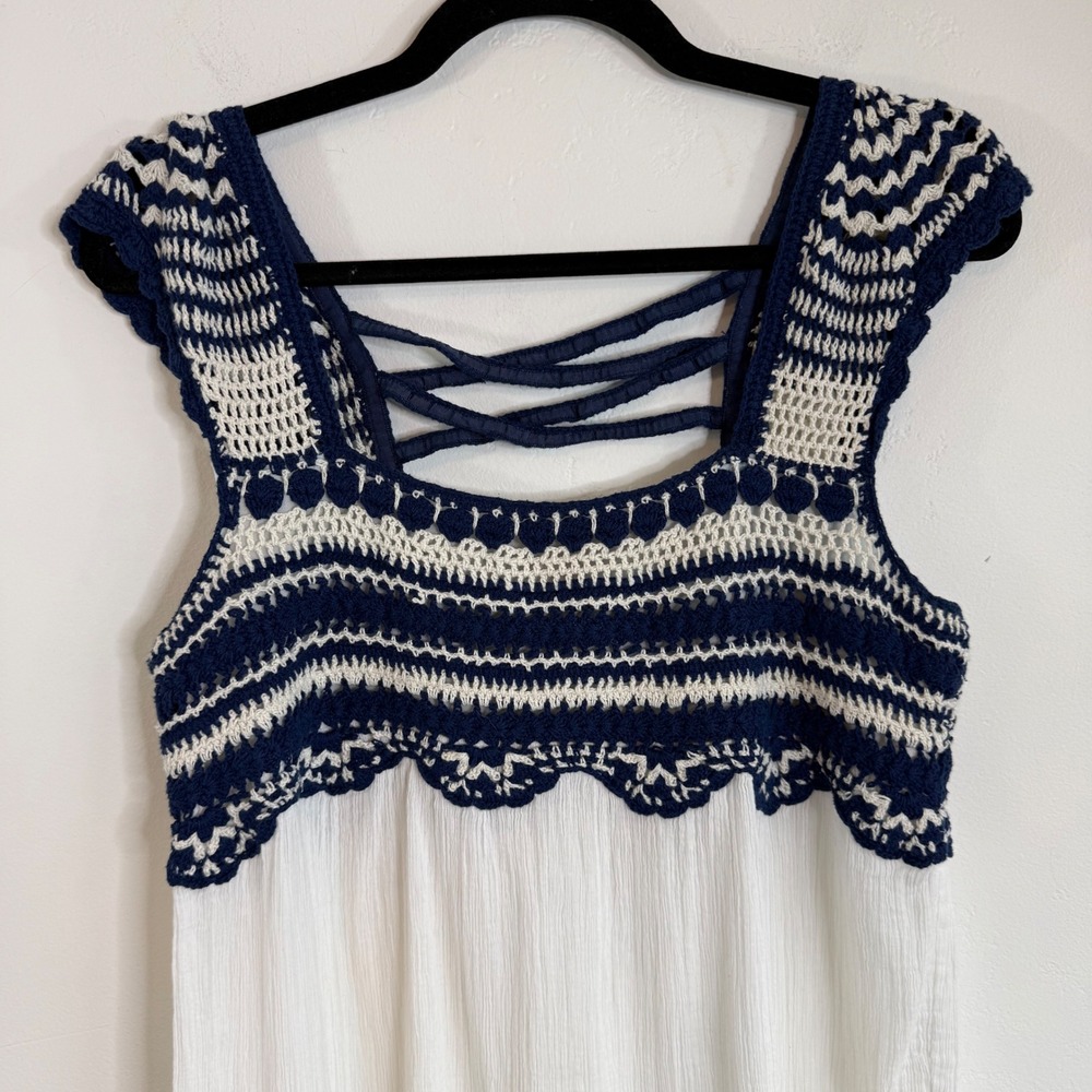 Calypso‎ St Barth Crochet Gauze Tank Top M Lace Up Back White Navy Boho Coastal - Picture 2 of 10